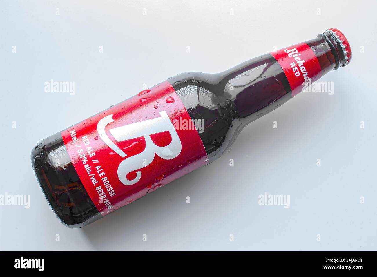 Denver, Colorado, United States Jan 3, 2020. A Red Rickard's beer bottle on a white background with a soft shadow. Molson Coors Could Strike It Rich i Stock Photo
