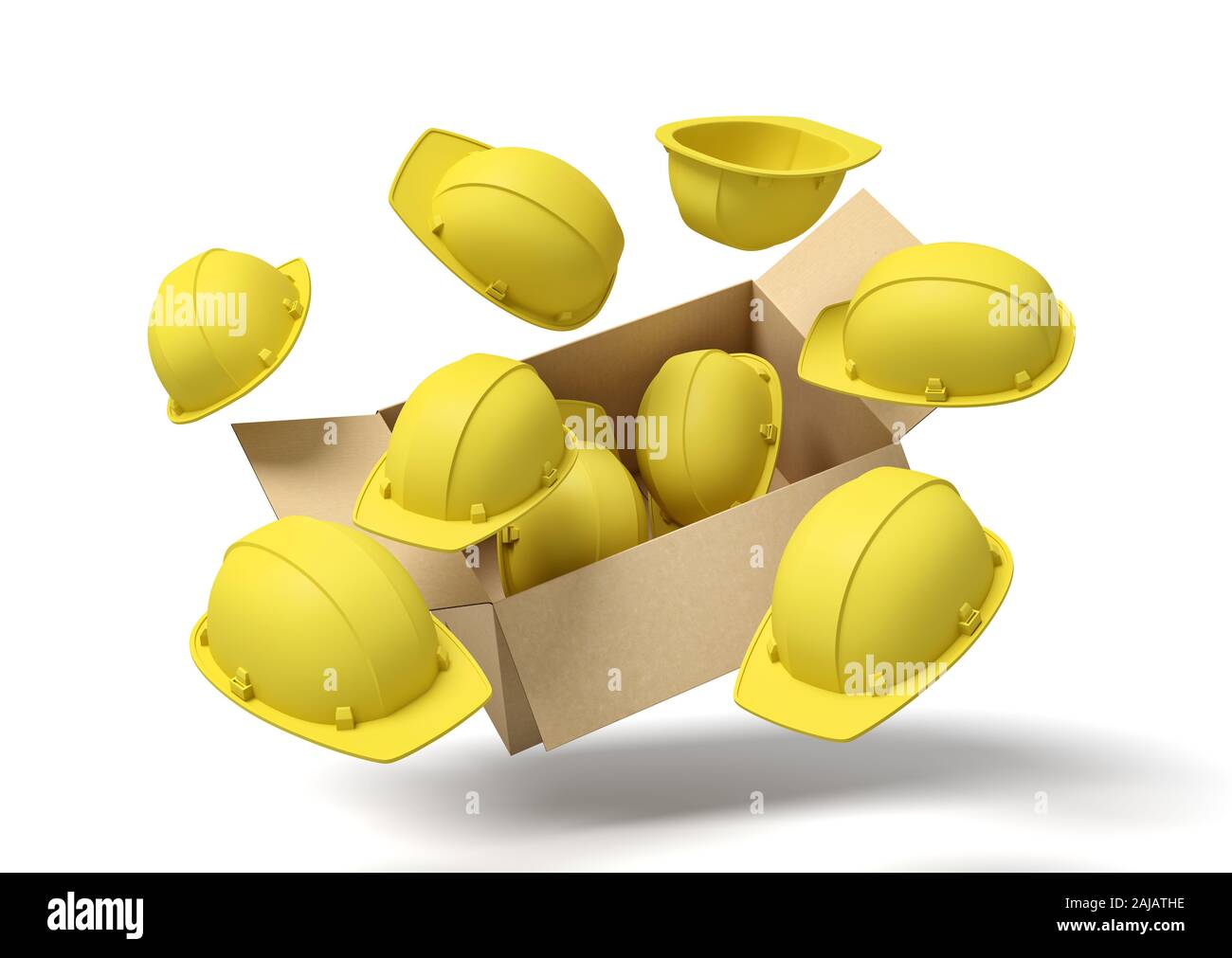 3d rendering of open cardboard box suspended in air with yellow hard hats flying out and around. Safety equipment. Bulk purchase. Provide protection. Stock Photo