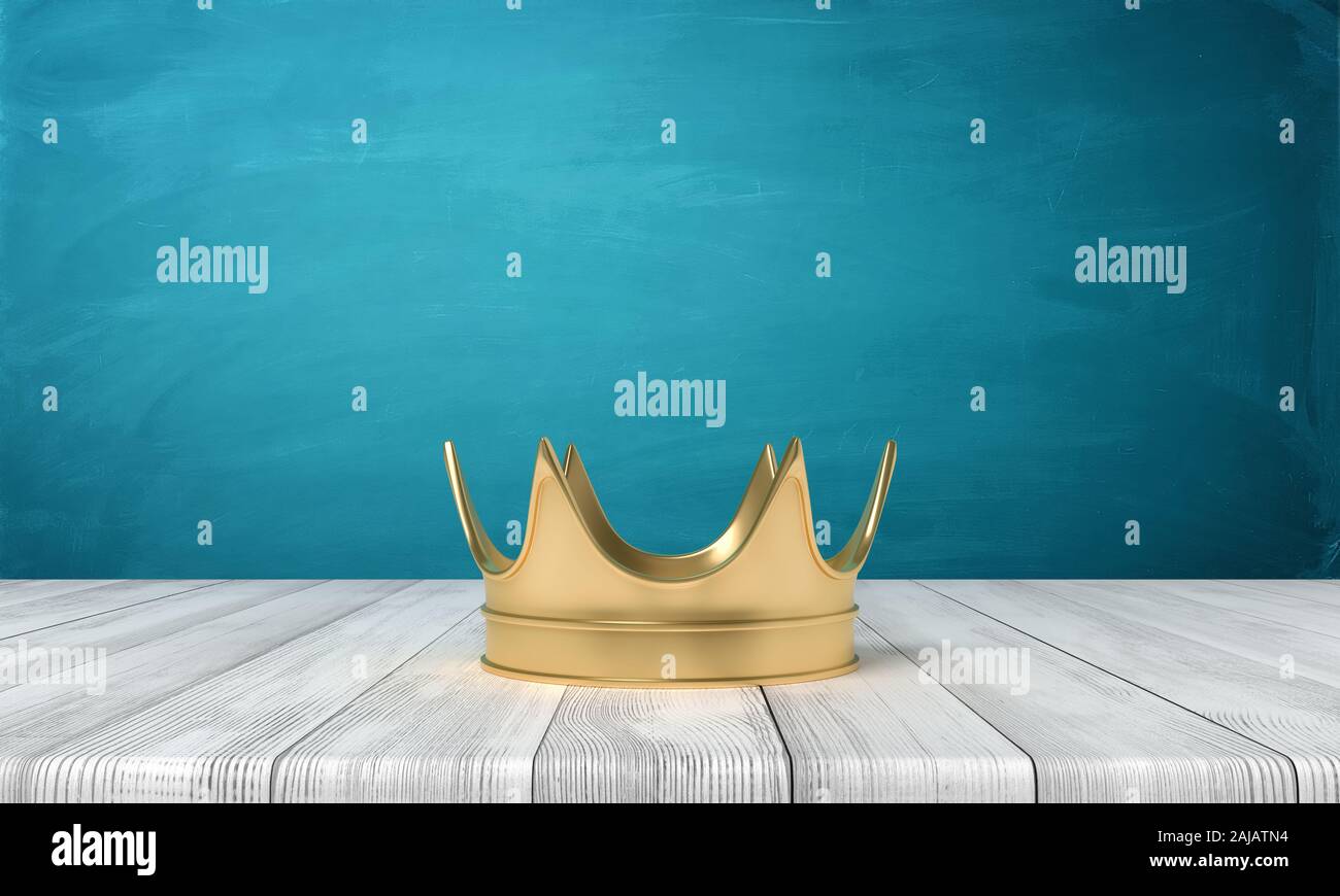 3d rendering of golden crown on white wooden floor and dark turquoise background. Objects and materials. Fame and glory. Digital art. Stock Photo