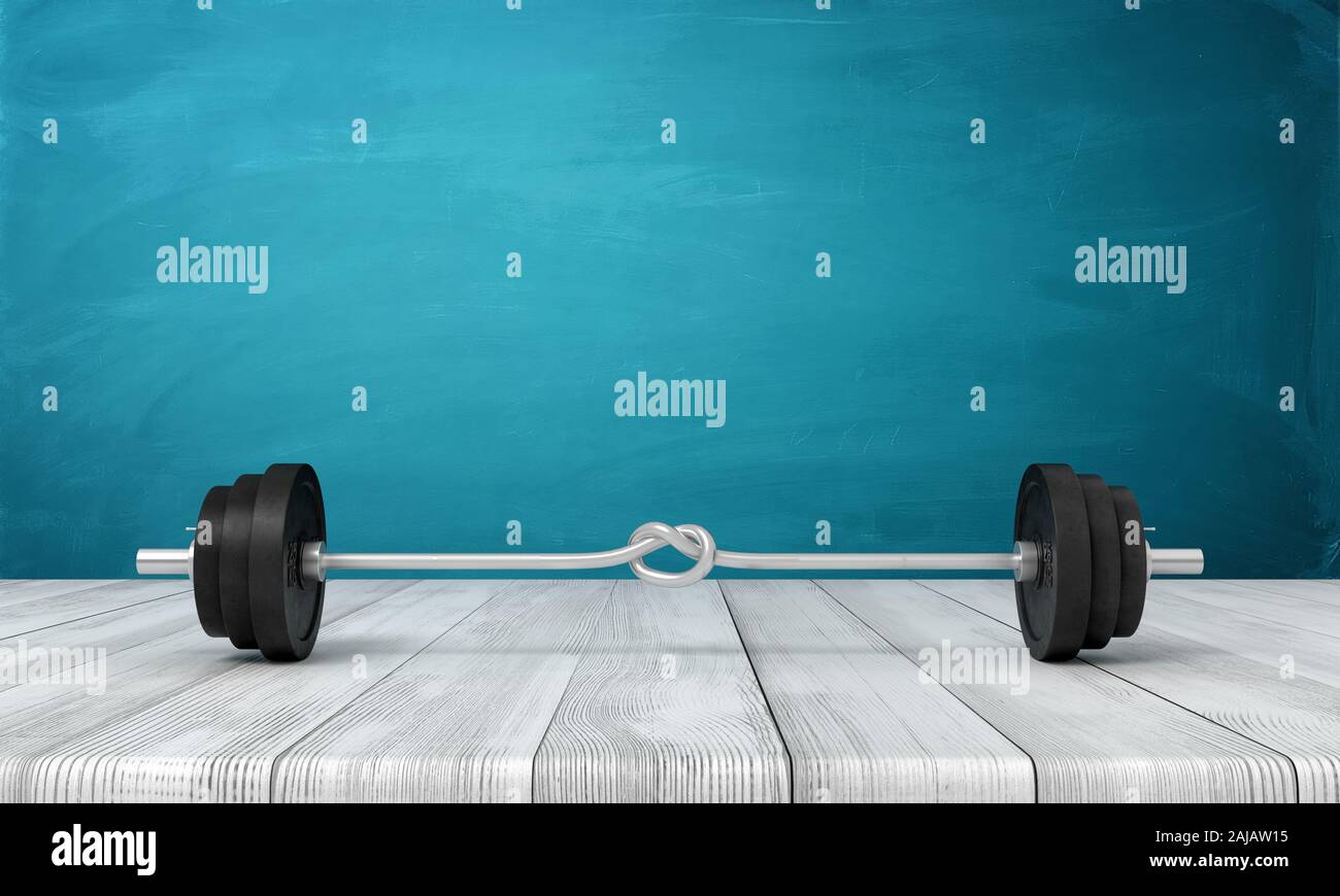 3d rendering of barbell with bar tied in small knot in the middle, lying on wooden floor near blue wall with copy space. Keep fit. Build up muscle. Ch Stock Photo