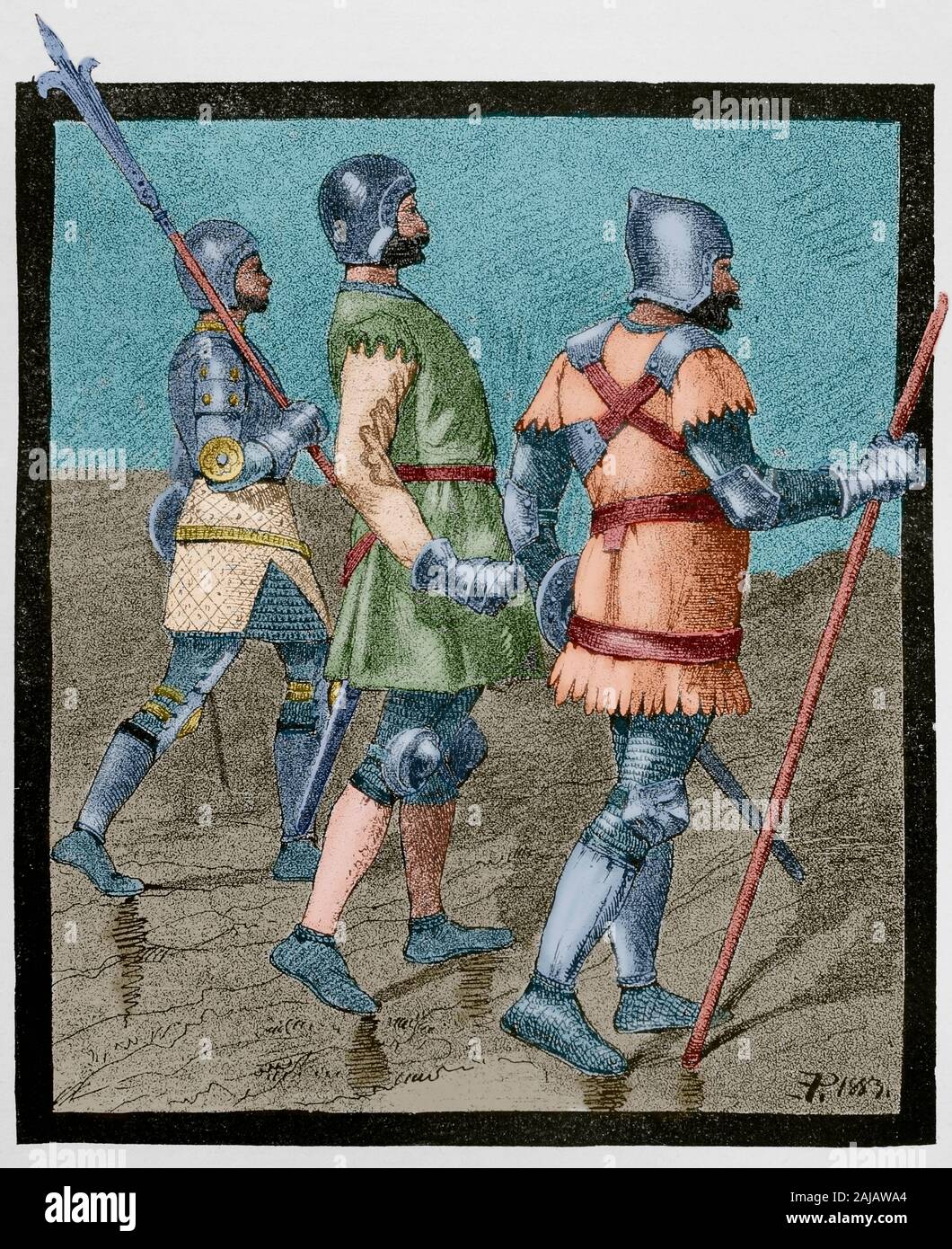 Middle Ages. Aragonese warriors (1390). Engraving from a triptych of the Academia de la Historia. Museo Militar, 1883. Later colouration. Stock Photo
