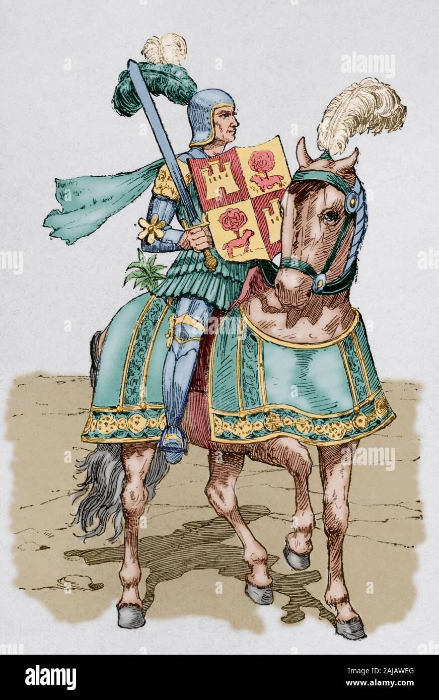 Middle Ages. Christian Knight. Engraving from a codex of the 14th century. Museo Militar, 1883. Later colouration. Stock Photo