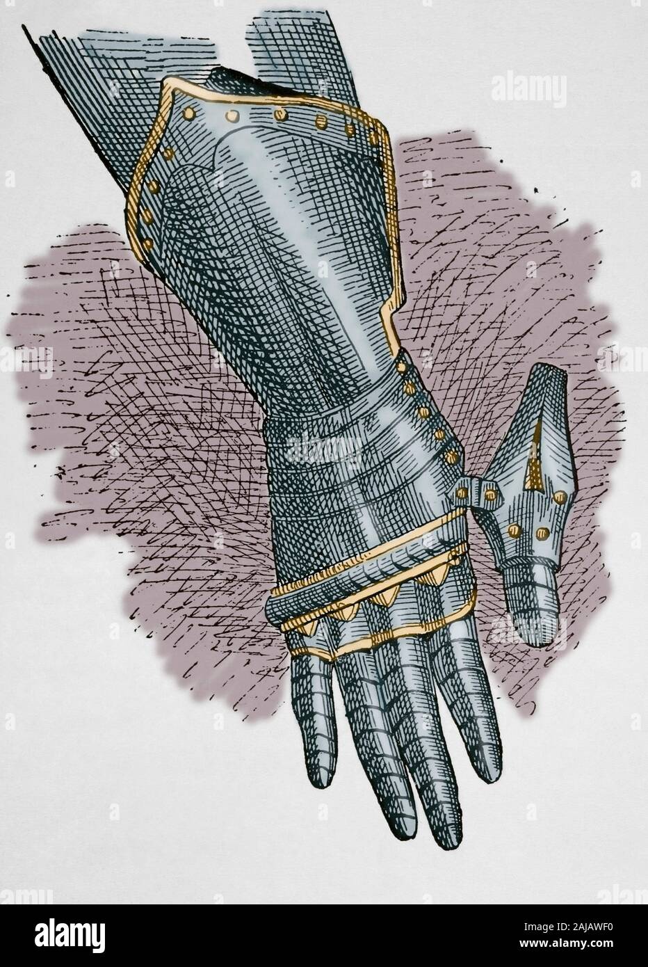 Armour. Gauntlet. Gloves of metal plates which protected the hand. Engraving. Museo Militar