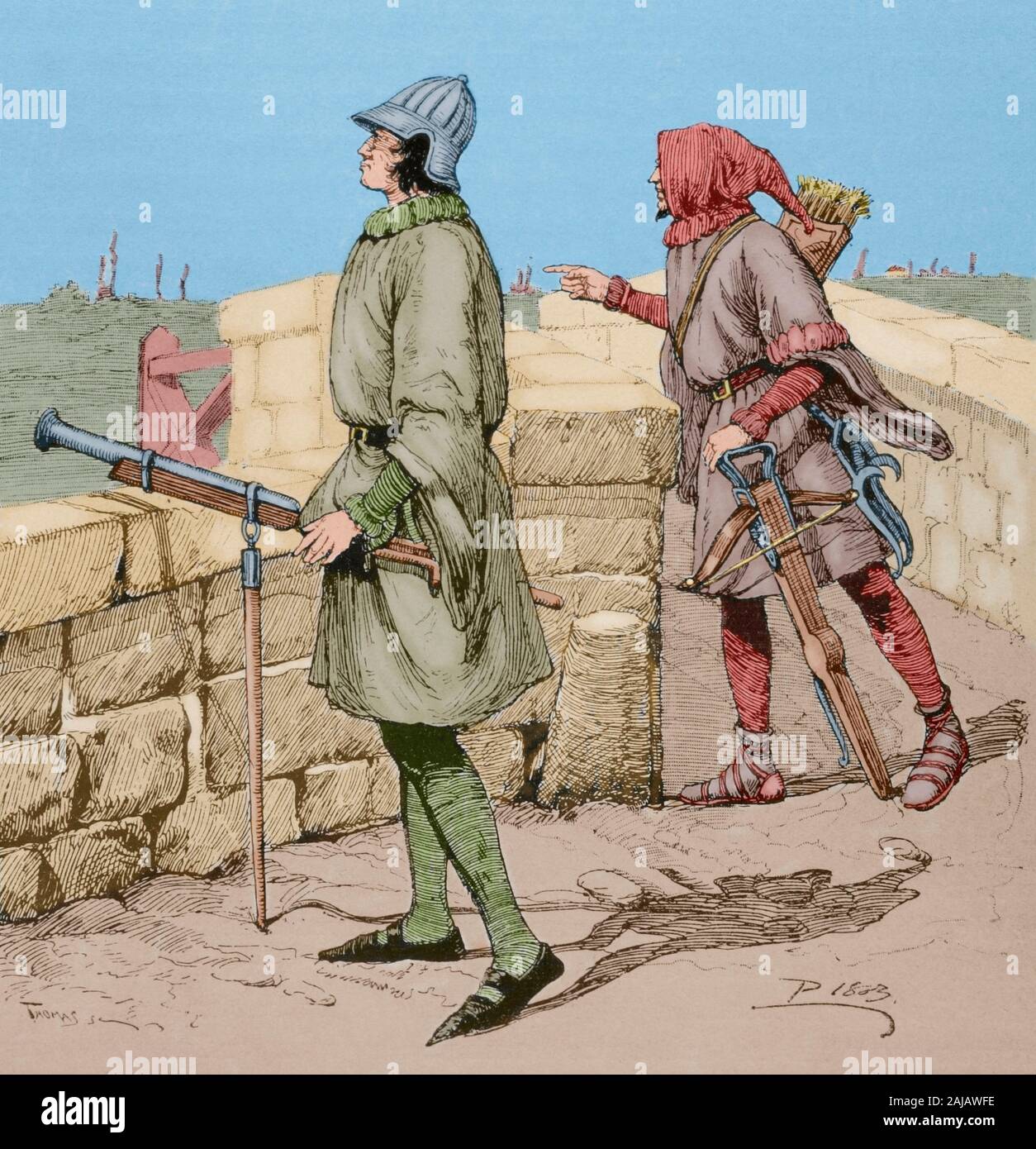 Soldiers of 'Acostamientos'. The Acostamiento was a salary granted by the king to his vassals under which they were obliged to serve him in war. Culveriner (left). Crossbowman (right). Engraving. Museo Militar, 1883. Later colouration. Stock Photo
