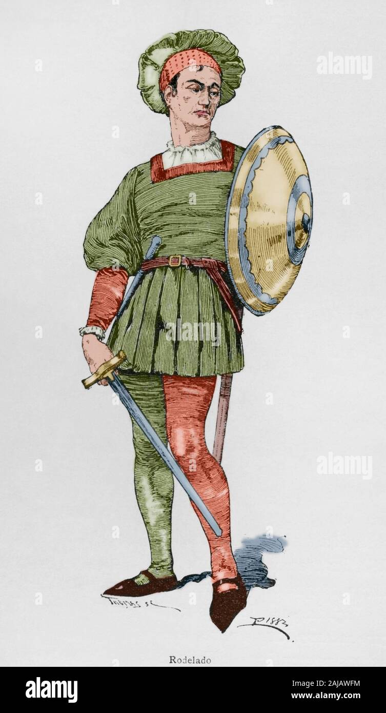 Rodeleros (shield bearers). Spanish troops in the early 16th century. They were equipped with swords and steel shields or bucklers, known as rodela. The majority of Hernan Cortes's troops, during the campaings in the New World, were rodeleros. Engraving. Museo Militar, 1883. Later colouration. Stock Photo