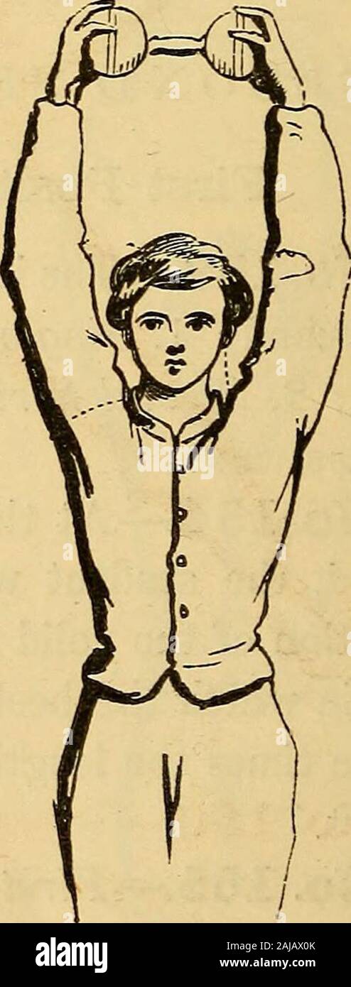 Hand-book of calisthenics and gymnastics : a complete drill-book for schools, families, and gymnasiums : with music to accompany the exercises . e positionof Fig. 65, which corresponds to that ofFig. 12, p. 268, the feet being in the mili-tary position. No. 158.—First Movements—Right. At this command, thestudent, turning to the right on the left heel, will face to the rear,thus describing one-half of a circle, and recover the commencingposition twice ; then, at the command, Left, he will face to therear, in like manner, by turning to the lefton the right heel and recovering the com-mencing pos Stock Photo
