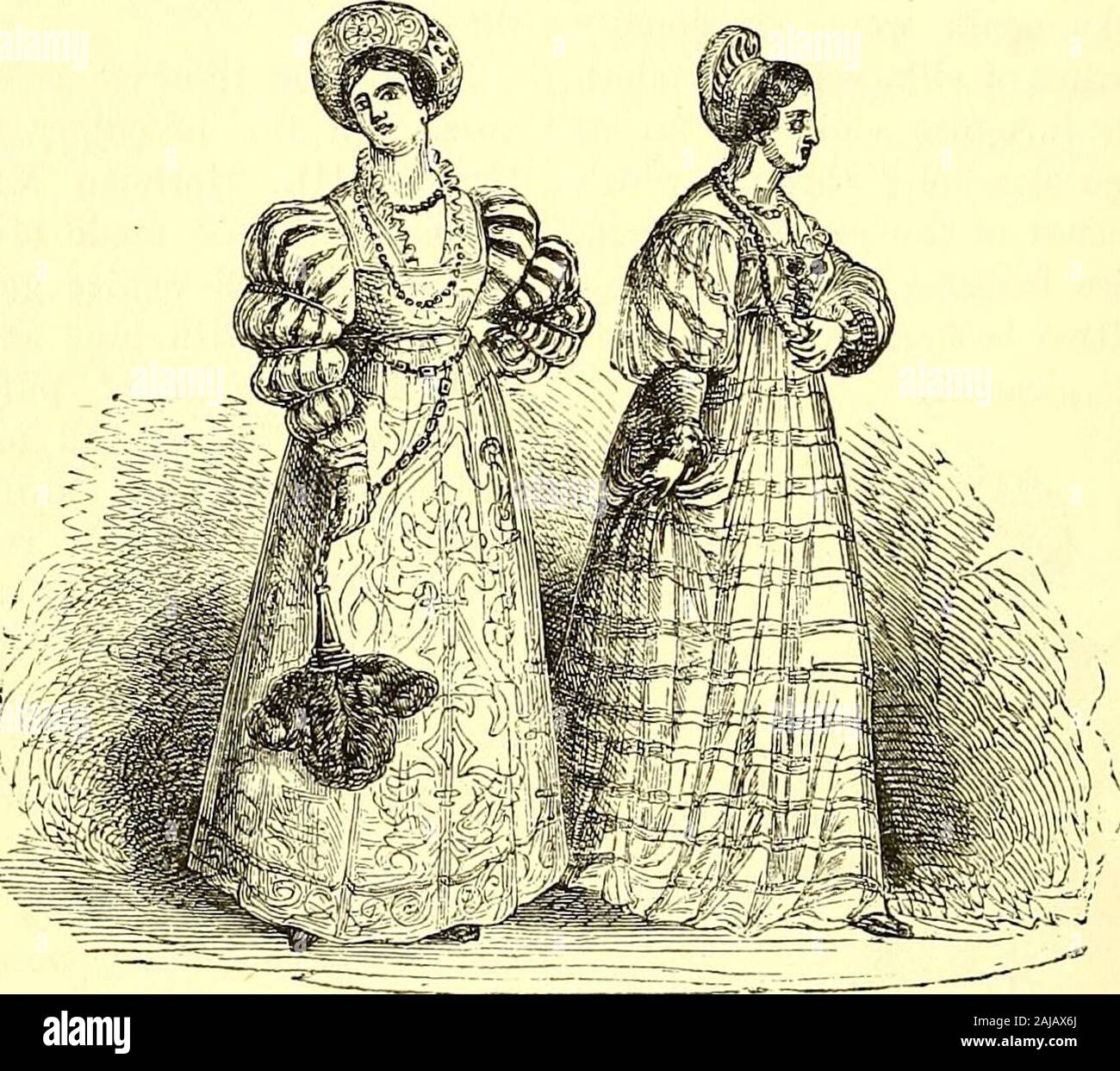 The comedies, histories, tragedies, and poems of William Shakspere . of a yard in depth. The sleeves were ofvelvet or other stuff, lai-ge and slashed, so as toshow the lining or under garment, terminatingwith a small band or ruffle like that round theedge of the collar. The body of the dress wasof gold stuff or embroidery. Some of thedresses were made with trains, which wereeither held up with the hand when walking, orattached to the girdle. The head-dress of goldbrocade given in one of the plates of Vecelliois not unlike the beretta of the Doge of Ae-nice; and caps very similar in form and ma Stock Photo