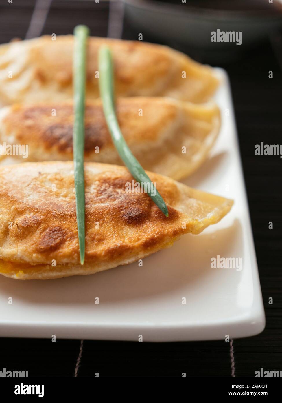 Winter Squash Pot-stickers with Asian Dipping Sauce Stock Photo