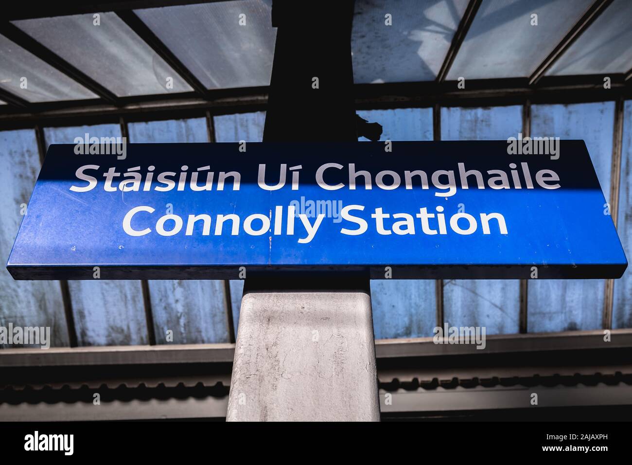 Dublin, Ireland February 15, 2019 Blue platform sign announcing the