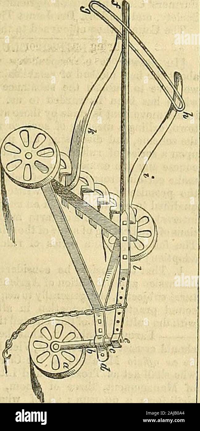 The Gardeners' Chronicle and Agricultural Gazette . mprovement made by Mr. Sterling, of Glenbervie,on the Corn-drill hoe, which it may be of use to insertin your Agricultural Gaxette. As the drill system ofculture appears to be rapidly extending, whatever facili-tates the cleaning of the crops becomes of importance :— In this hoe there are five coulters, or scarifiers, themachine being intended to be used after a five-rowedCorn-di-ill. In its original state the axle of the frontwheel had a fixed position parallel to the axles of theside wheels ; and the draught-chain was attached tothe muzzle Stock Photo