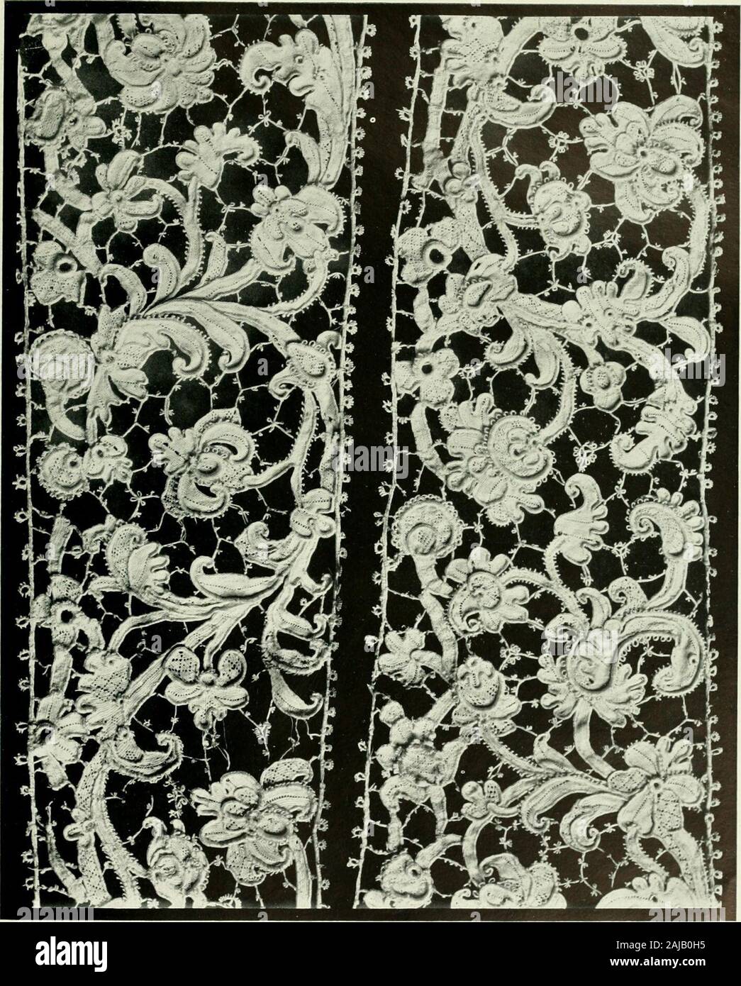Seven centuries of lace . Plate XLII. PART OF A DRESS TRIMMING OF VERY FINE  NEEDLE-POINT, CALLED ROSE-PUINT (PUiNTO TAGLIATO A FOLIAMi) The pattern  wrought chiefly in close toilfi consists of scrolls