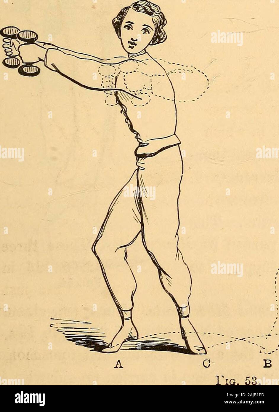 Hand-book of calisthenics and gymnastics : a complete drill-book for schools, families, and gymnasiums : with music to accompany the exercises . Fig. 52.. D .342 GYMNASTICS. commencing position at a and c four times ; then, at the command,Rear, turning to the rear in connection with each leap, he will leapto the left, crossing his legs and thus carrying the left foot forward,as in the dotted part of Fig. 53, and recover the commencing posi-tion four times ; and finally, at the command, Alternate, he willleap to the left and recover the commencing position eight times byalternation, first turni Stock Photo