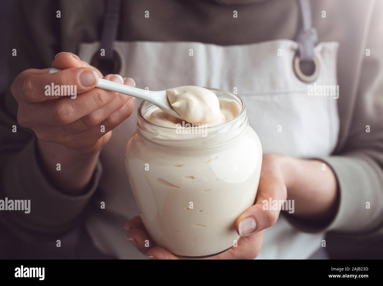 Mayonnaise in a glass jar Stock Photo Alamy