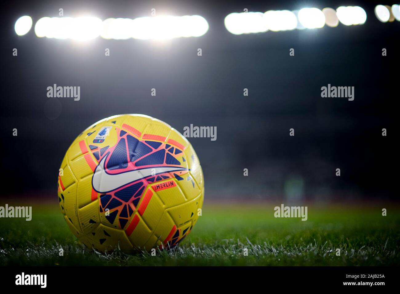 Turin, Italy - 21 December, 2019: Nike Merlin Hi-Vis, official Serie A  match ball, is seen during the Serie A football match between Torino FC and  SPAL. SPAL won 2-1 over Torino