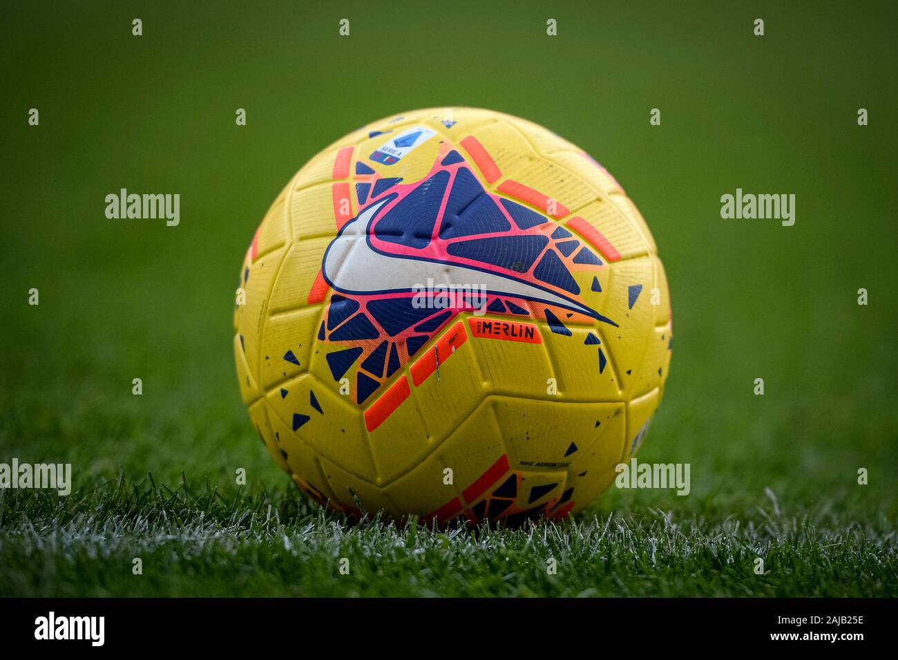 Turin, Italy - 08 December, 2019: Official Seria A match ball Nike Merlin Hi -Vis is pictured during the Serie A football match between Torino FC and  ACF Fiorentina. Torino FC won 2-1