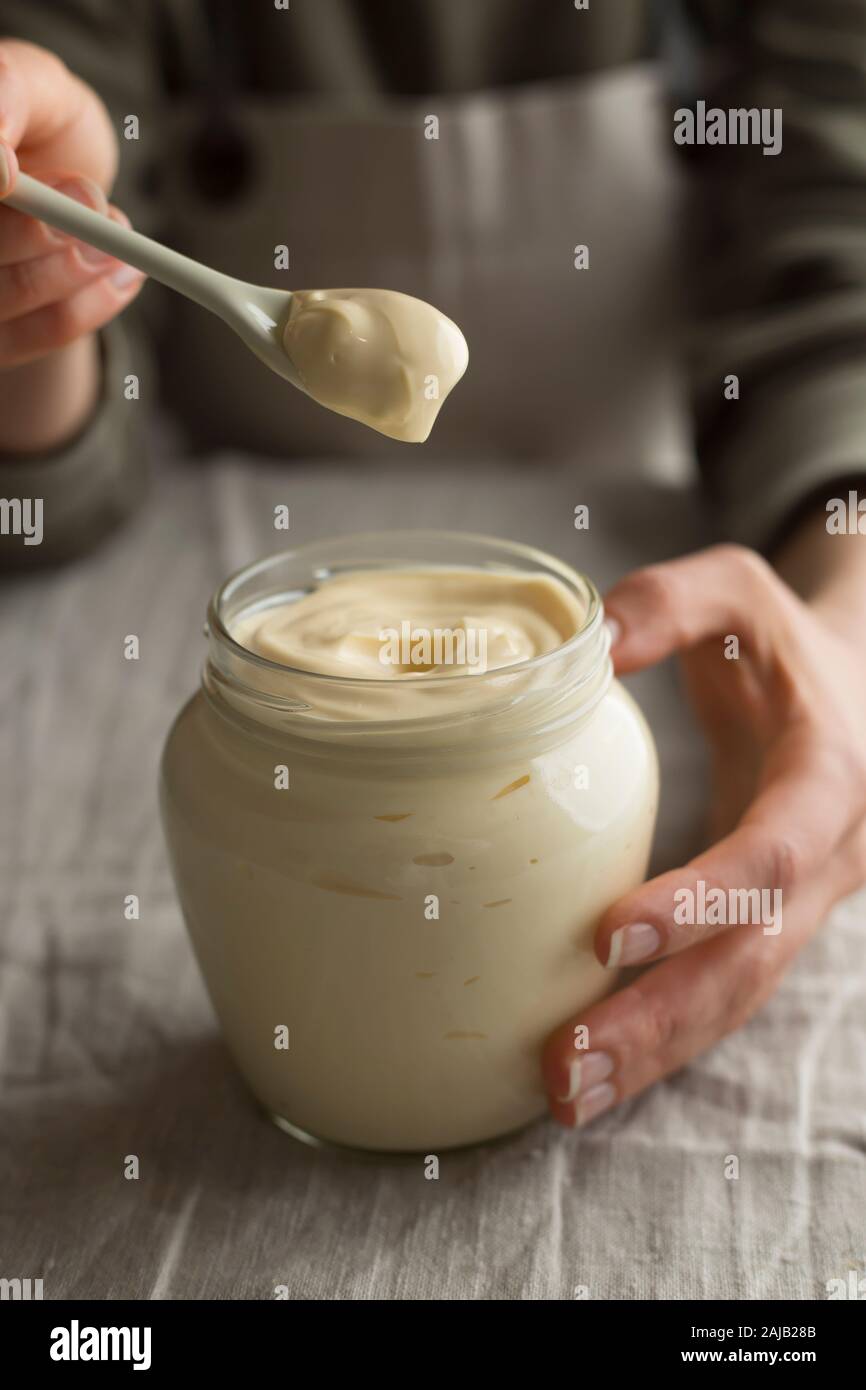 Mayonnaise in a glass jar Stock Photo Alamy