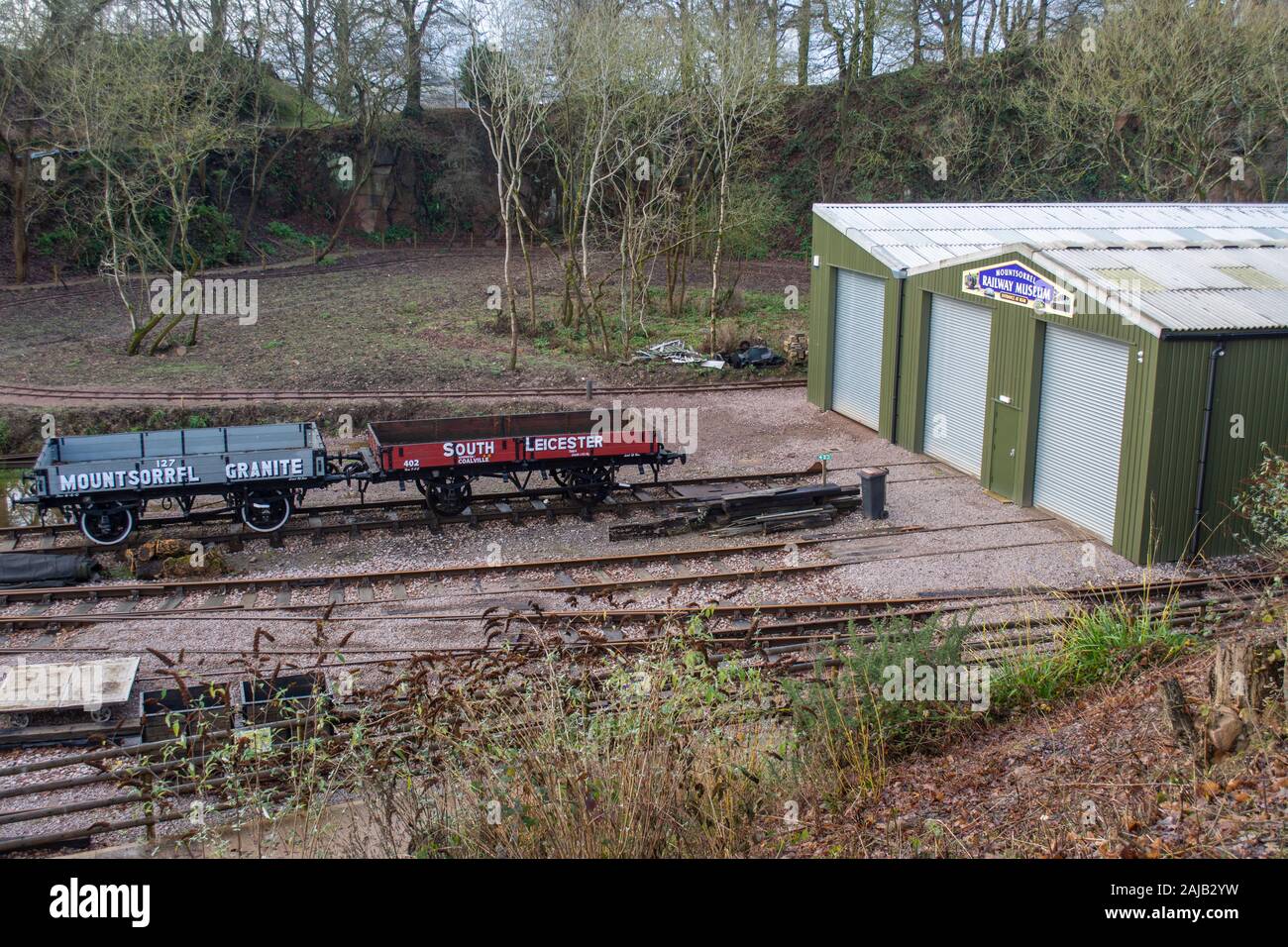 Entrance to the Railway Museum with rolling stock at the Mountsorrel & Rothley Community Heritage Centre Stock Photo