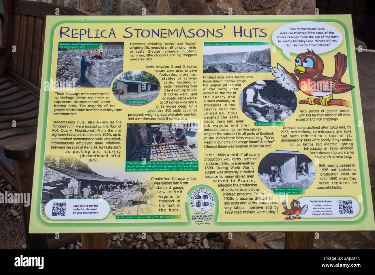 Signage for the Replica Stonemasons Hut at the Mountsorrel & Rothley Community Heritage Centre Stock Photo