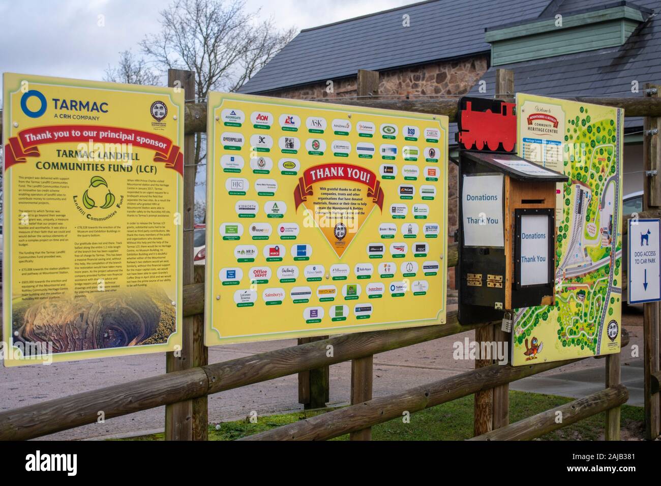 Information signs  and donation box at the Mountsorrel & Rothley Community Heritage Centre Stock Photo