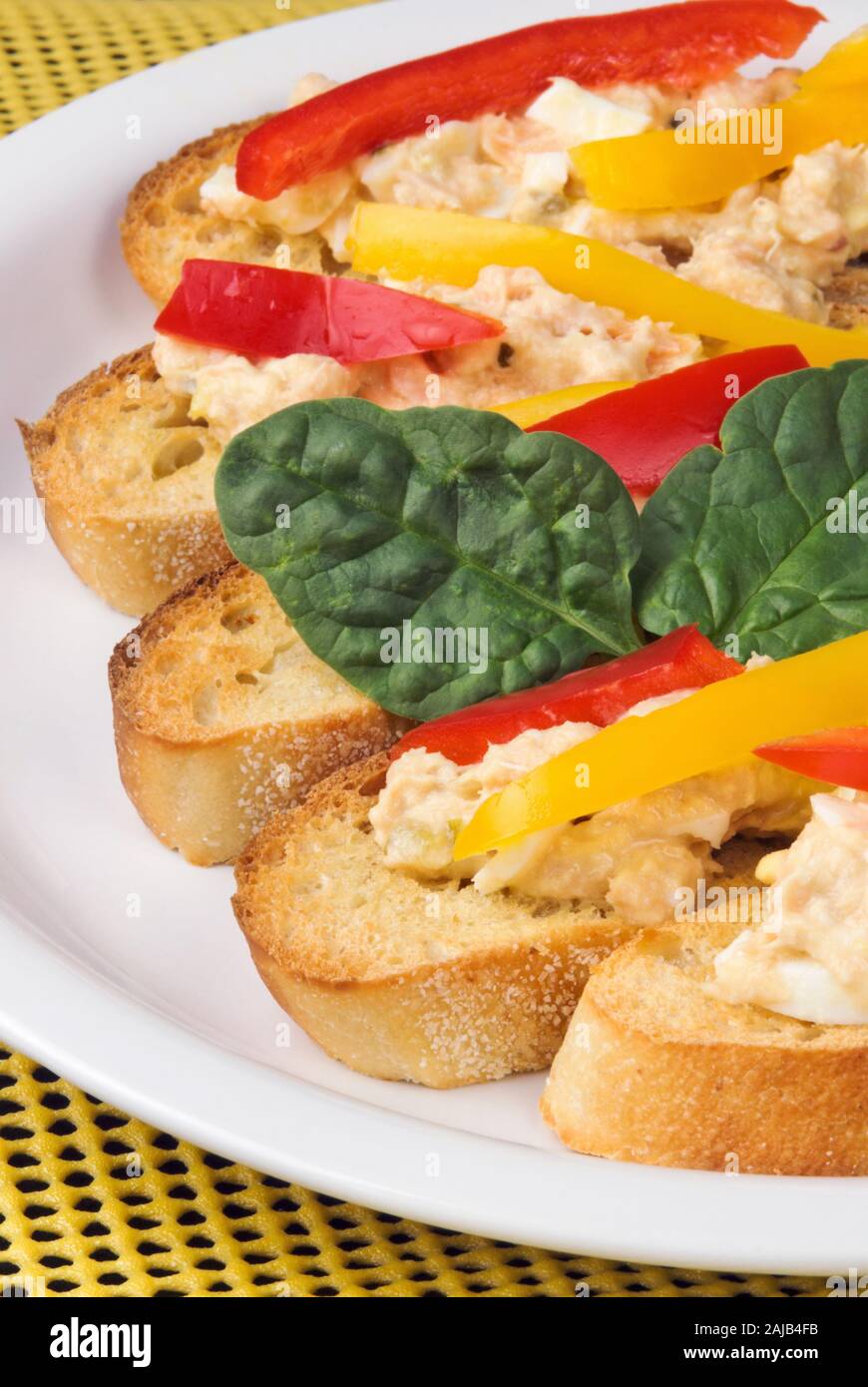 open faced toasted baguette sandwiches made with albacore tuna and wild pink salmon. Bell peppers and spinach leaves are garnishments. Stock Photo