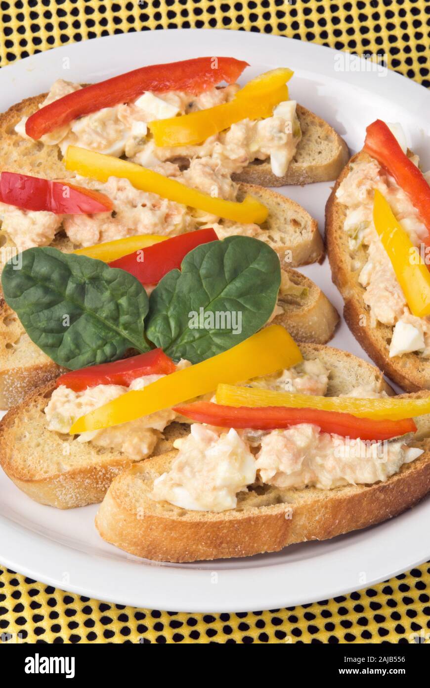 open faced toasted baguette sandwiches made with albacore tuna and wild pink salmon. Bell peppers and spinach leaves are garnishments. Stock Photo