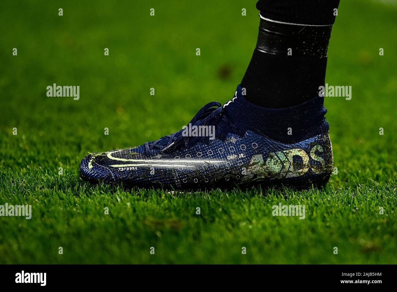 Turin, Italy - 26 November, 2019: A detail of Nike Mercurial Dream Speed  boot weared by Cristiano Ronaldo of Juventus FC is seen during the UEFA  Champions League football match between Juventus