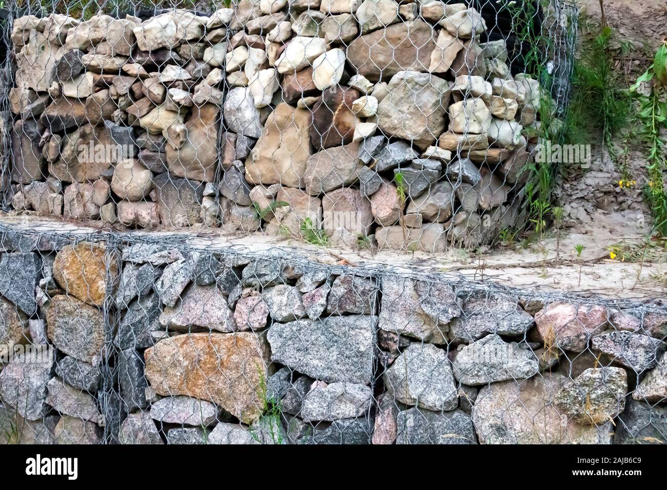 Gabion wall stones in wire mesh used for erosion control and slope