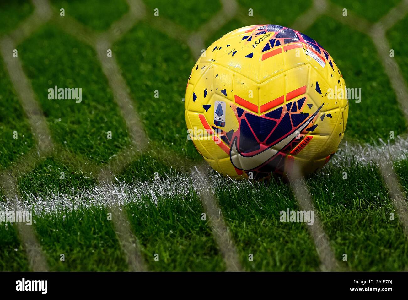 Milan, Italy - 03 November, 2019: The official Serie A 2019-2020 match ball Nike  Merlin Hi-Vis is pictured prior to the Serie A football match between AC  Milan and SS Lazio. SS