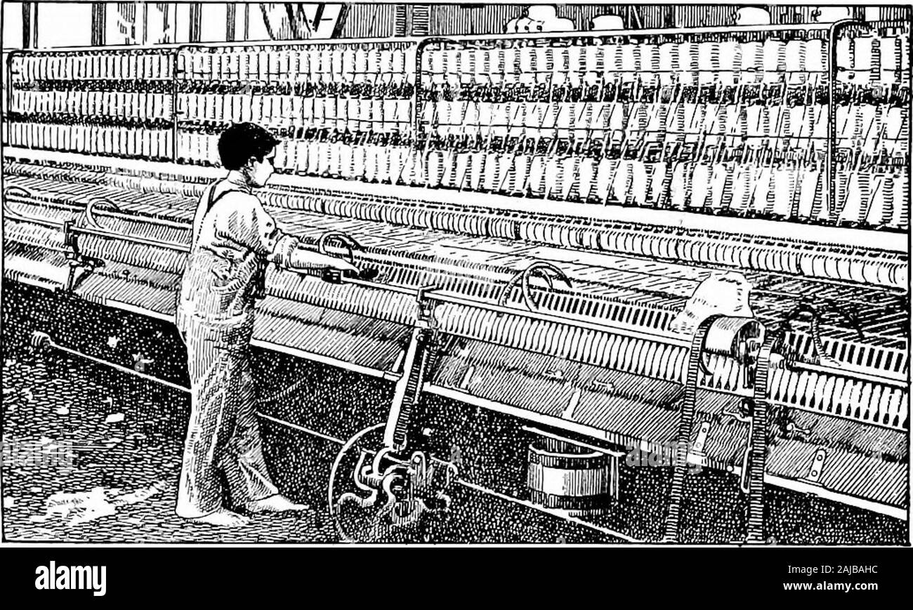 Medieval and modern times : an introduction to the history of western Europe form the dissolution of the Roman empire to the present time . Fig. 154. The First Spinning Jenny The Industrial Revolution 583 The enormous output of thread and yarn on these new The power machines made the weavers dissatisfied with the clumsy oldhand loom, which had been little changed for many centuriesuntil the eighteenth century. At length, in 1784, Dr. Cart-wright, a clergyman of Kent, patented a new loom, which auto-matically threw the shuttle and shifted the weft. This machinewas steadily improved during the n Stock Photo