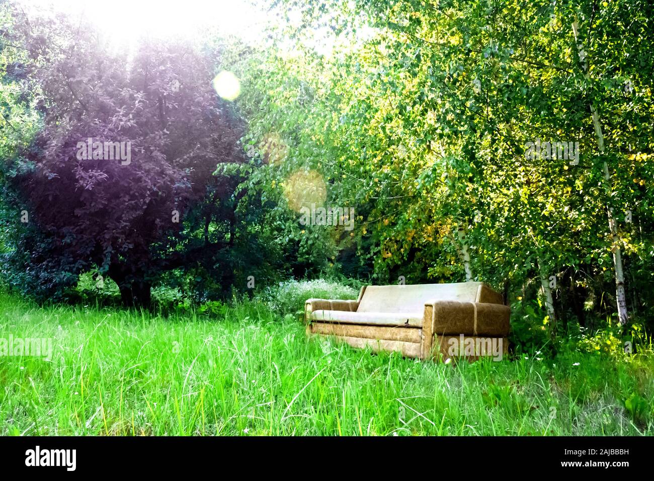 Empty old secluded sofa among spring nature with green trees and grass. Solitude concept Stock Photo