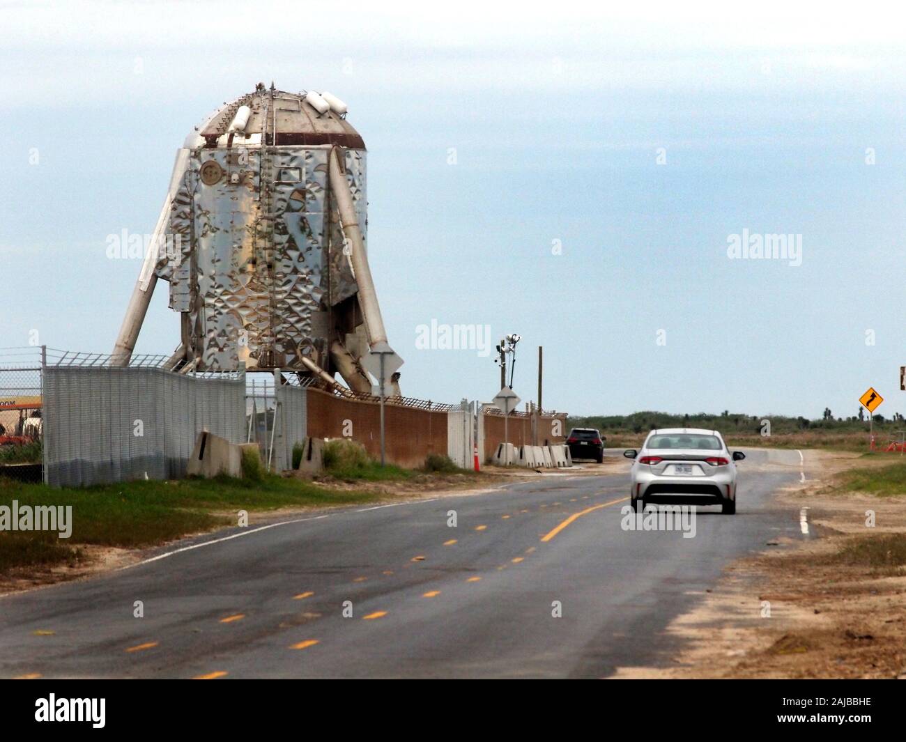 Brownsville, TX, USA-30 Dec 2019-Elon Musk's SpaceX  launch site, located at the very tip of SouthTexas salvages material off Starship Mk1 prototype which blew it's top during testing in November 2019. Stock Photo