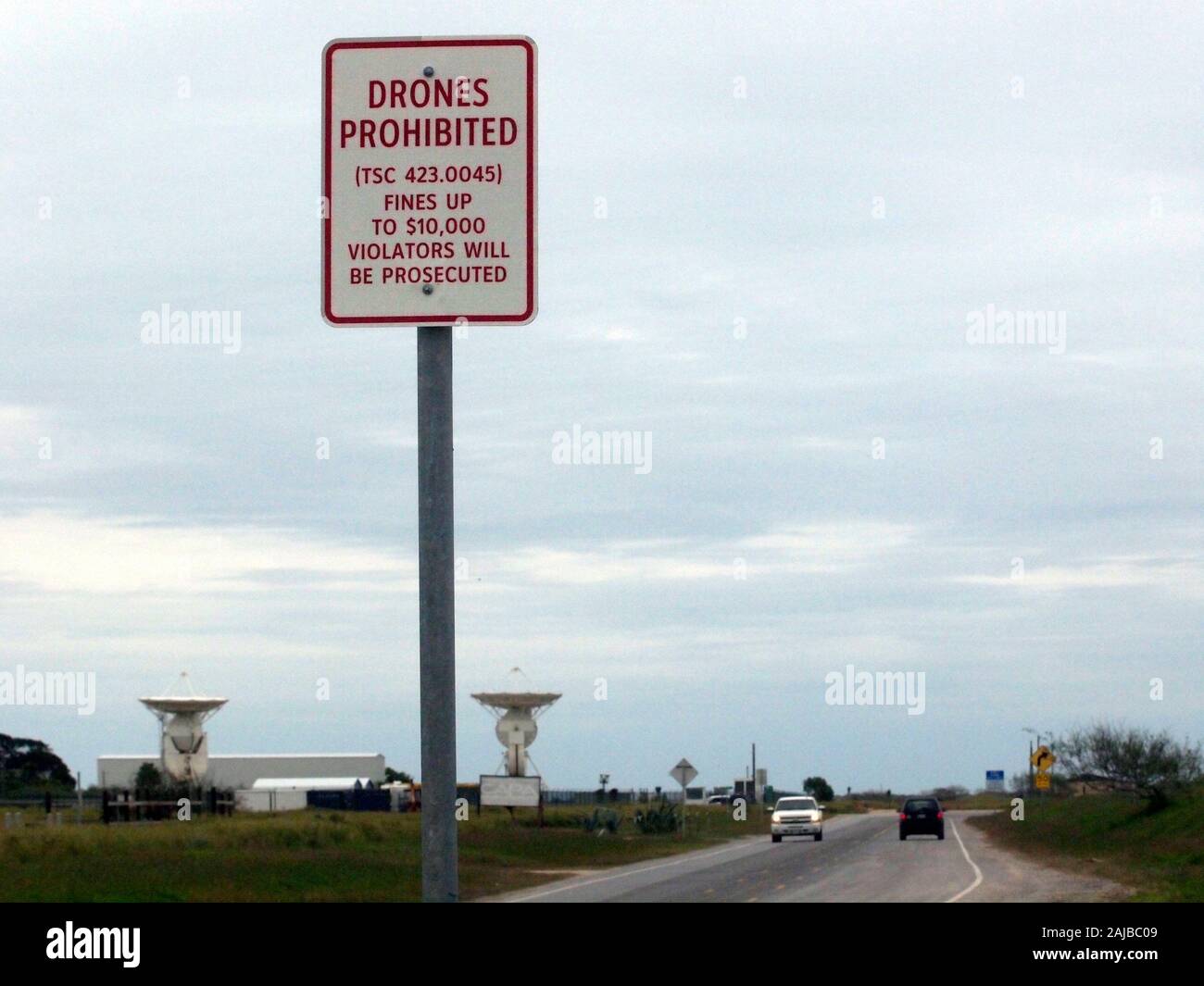 Brownsville, TX, USA-30Dec2019-Elon Musk's SpaceX  launch site, located at the very tip of SouthTexas in rural Boca Chica attracts some tourists and warns them not to fly drones. The can be fined up to $10,000. Starship SN1 will go through tested in 2020 Stock Photo