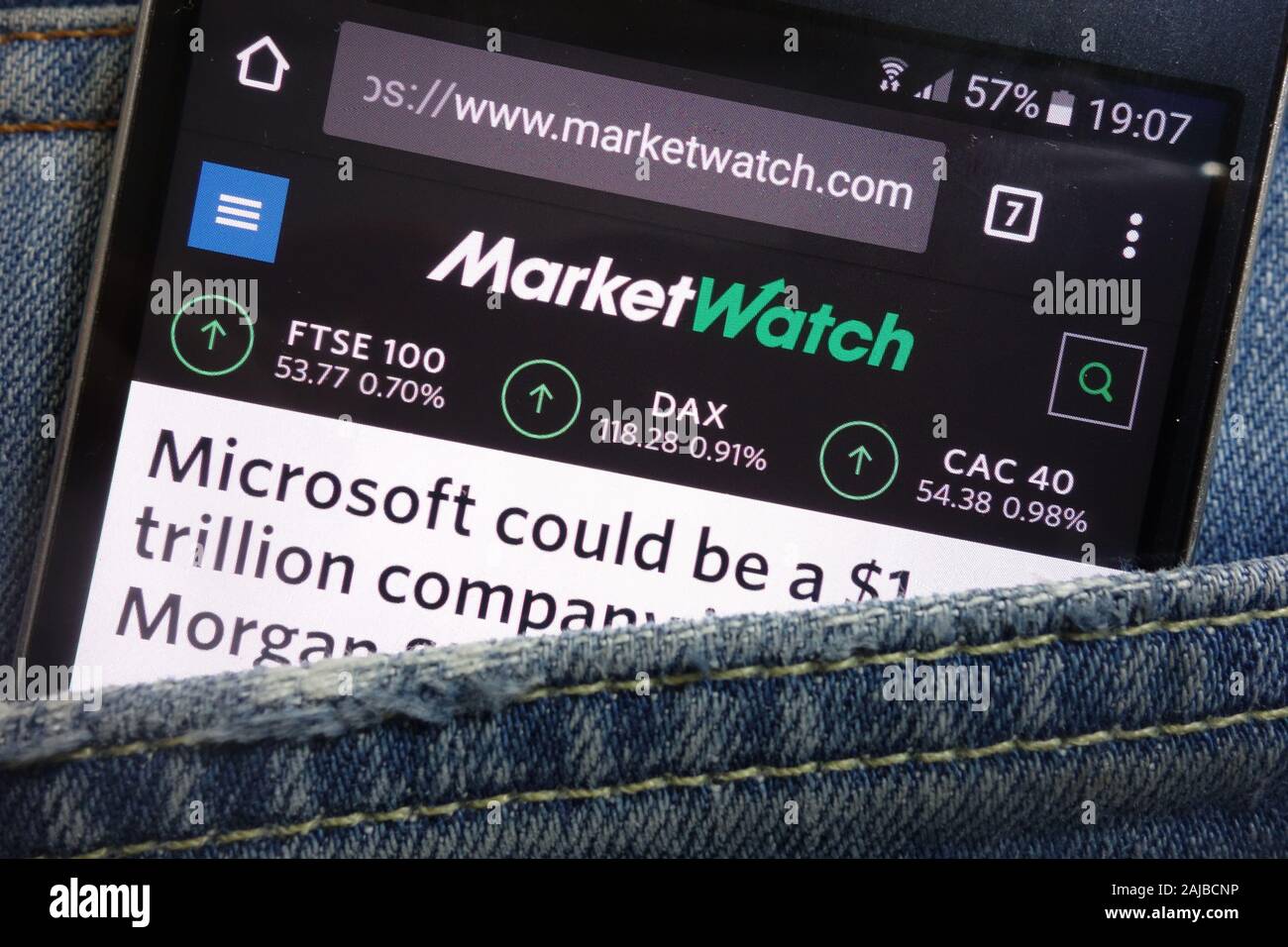 MarketWatch website displayed on smartphone hidden in jeans pocket Stock Photo