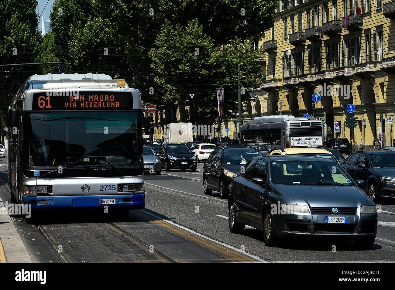 Turin, Italy - 24 July, 2019: A bus is seen near Porta Nuova railway station.  On 24 July 2019 Italian trade unions call a strike action that affects  public transport including trains,