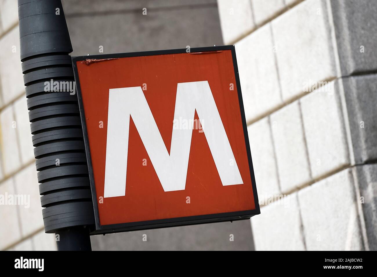 Turin, Italy - 24 July, 2019: A sign of the Turin metro reading 'M' is seen near Porta Nuova railway station.  On 24 July 2019 Italian trade unions call a strike action that affects public transport including trains, taxis, subways, buses, trams. On 26 July the protest is expected at airports, with national airline Alitalia staff and other airport workers staging strikes. Credit: Nicolò Campo/Alamy Live News Stock Photo