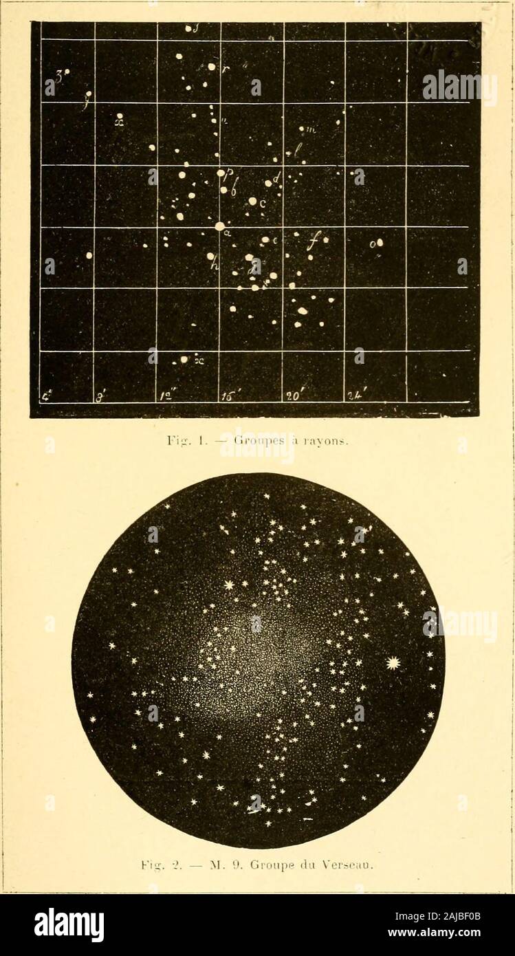 Les étoiles; essai d'astronomie sidérale . Tome I!, Page 2. PI. XIII.. GROUPES STELLAIRES 3 de cercle de belles petites étoiles disposées autour duneautre plus belle «, doù divergent plusieurs rayons dont troisen haut très-distincts (planche XIII, fig. 1). Létoile principale a est en ^fl = ISi^ 9 et D = —19 6. De cette étoile partent comme des rayons leslignes ar, am, as, ao, etc. A côté se trouve un magnifique système darcs entre-croisés, le principal est à environ M = 18 20™ et D = —18^53. Le champ intermédiaire est semé de points exigus quine comportent pas de mesure. Et tout cela dans une Stock Photo