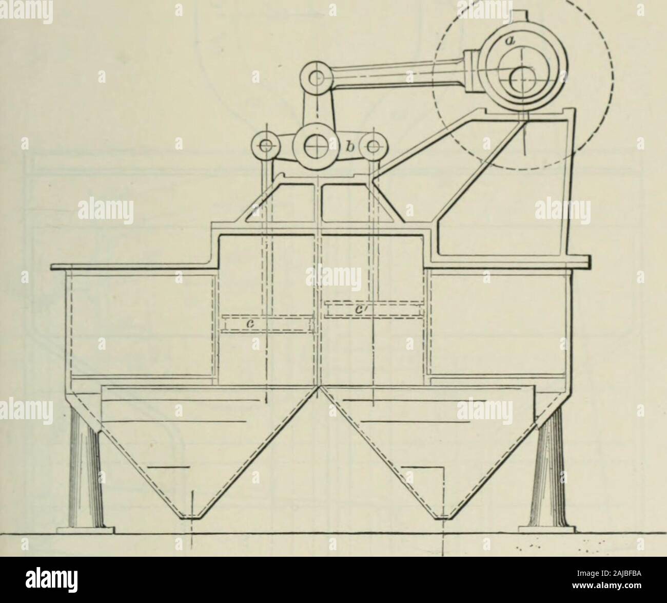 Transactions . stroke if the plunger ;i puff of air is forced up through the ore-cap, Meeting a clean and regular output of concentrates through he gates, n and /&gt;. The usual pressure in the receiver varies mm 25 to 85 Ids, Fig. 2.. Klein Jig, End Elevation. The eccentric can be regulated so as to give a throw of from) to 3 in., according to the class of ore to be treated. In&gt;E. Missouri, where only galena-ore is concentrated, strokes of).625, 0.875 and 1.25 in. respectively, are employed for mate-•ial of 4, 7 and 12 mm. grain; the number of strokes per min-lte averaging about 150. At a Stock Photo