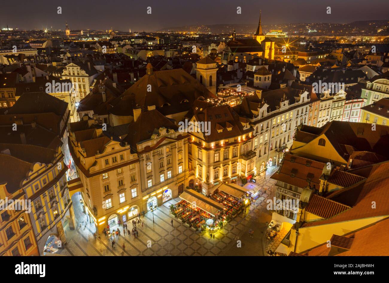 Prague - The outlook from the tower of Old Town Hall to the south west part of Old Town at dusk. Stock Photo