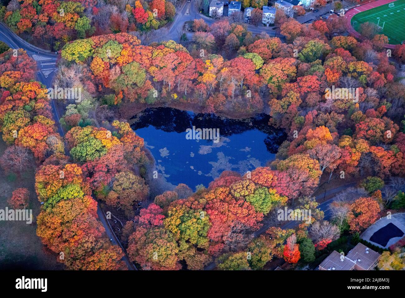 Aerial shot of a heart shaped pond surrounded by colorful fall trees. Stock Photo