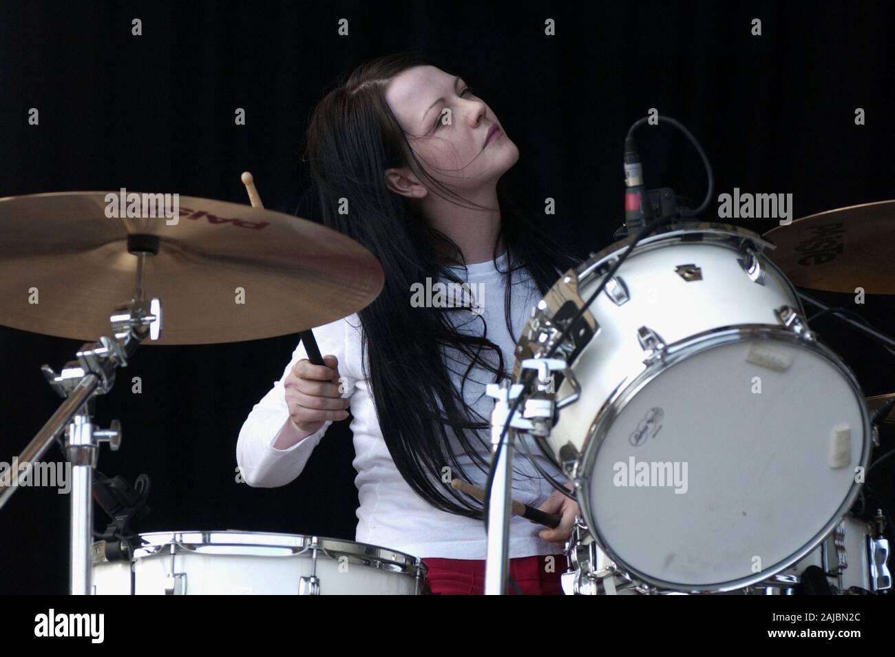 Bologna Italy, from 01-02 June 2003, Music Festival  live concerts 'Flippaut Festival' at the Arena Parco Nord of Bologna: The  drummer of The White Stripes,Meg White,during the concert Stock Photo