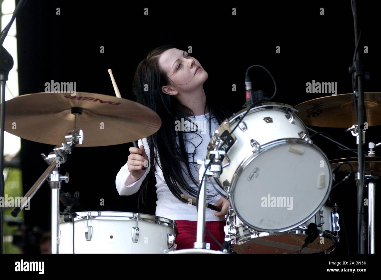 Bologna Italy, from 01-02 June 2003, Music Festival  live concerts 'Flippaut Festival' at the Arena Parco Nord of Bologna: The  drummer of The White Stripes,Meg White,during the concert Stock Photo