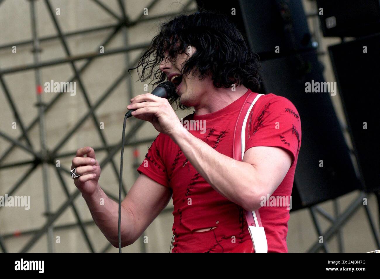 Bologna Italy, from 01-02 June 2003, Music Festival  live concerts 'Flippaut Festival' at the Arena Parco Nord of Bologna: The guitarist and singer of The White Stripes,Jack White,during the concert Stock Photo