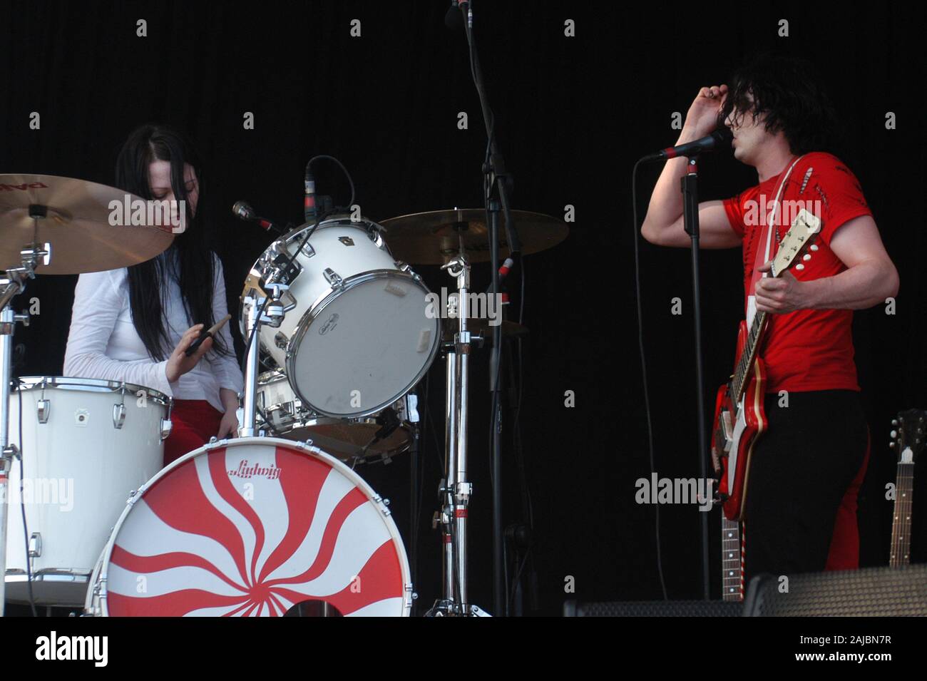 Bologna Italy, from 01-02 June 2003, Music Festival  live concerts 'Flippaut Festival' at the Arena Parco Nord of Bologna: The White Stripes,Jack White and Meg White,during the concert Stock Photo