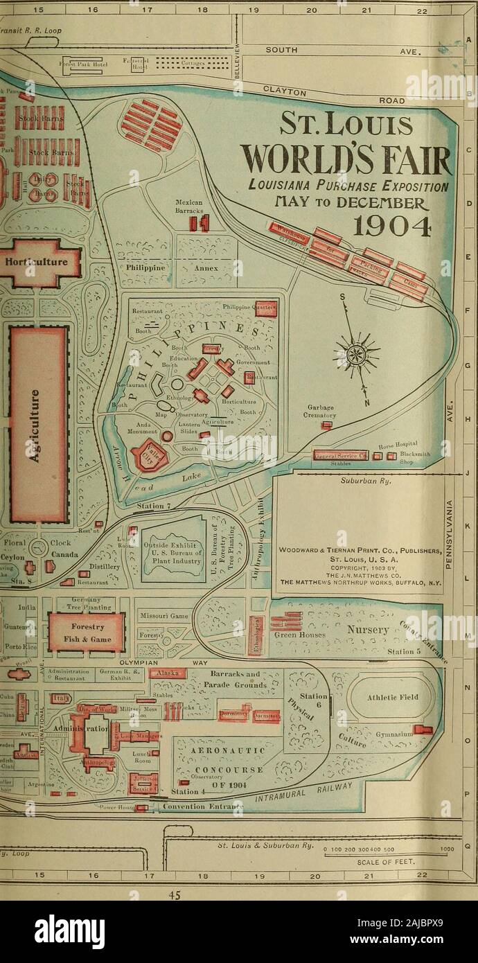 Louisiana purchase exposition, St Louis, 1904 . INDEX TO LOCATION ON MAP. ENTRANCES. Administration Q13 Agriculture A14 Cheltenham A 6 Convention Q17 County N22 Govt Building.... G 1Ijindell Boulevard.O 3 Parade L 1 Pike Q 7 State Buildings ....B 2Southern Railrd..A 8 BUILDINGS, Etc. Administration 016 Administration Restaurant N16 Aeronautic C o n- course 018 Agriculture J15 Alaska N18 AncientRome P 8 Anthropology 016 Argentine P15 Arizona B 2 Arkansas C 3 Arrow Head Lake.. J17 *Asia O 6 Austria 015 Automobiles L 2 Bandstand N 5 Bank O 5 Barracks and Pa-rade Grounds N18 ?Battle Abbey 012 Belg Stock Photo