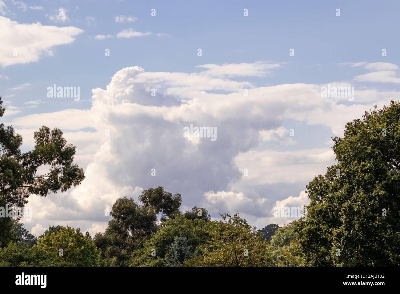 Towering cumulus clouds in the sky above Reigate Heath, Surrey, UK Stock Photo