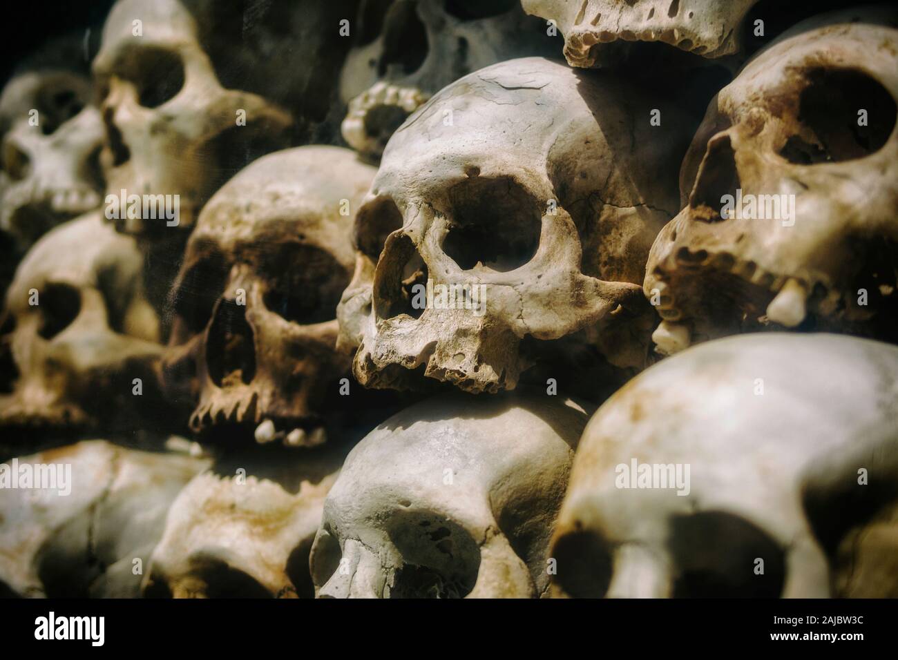 Human skulls of victims of the Khmer Rouge stacked at the Killing Fields of Choeung Ek memorial, Phnom Penh, Cambodia. Stock Photo