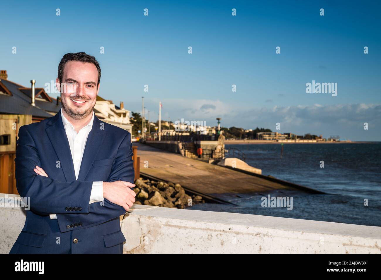 Simon Jupp MP visiting Mamhead Slipway, Exmouth. Stock Photo