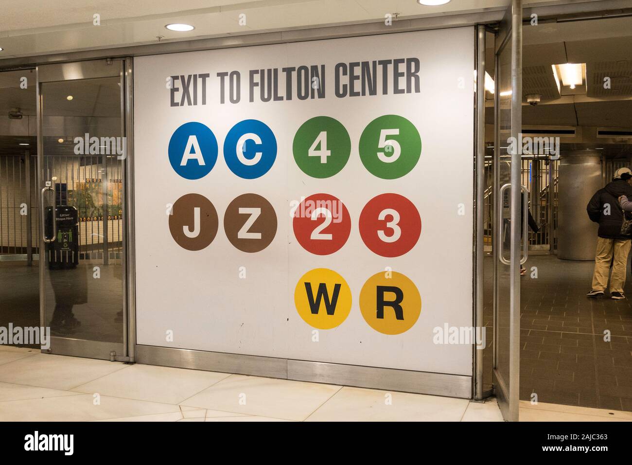 Fulton Center subway sign in Westfield World Trade Center, NYC, USA Stock Photo
