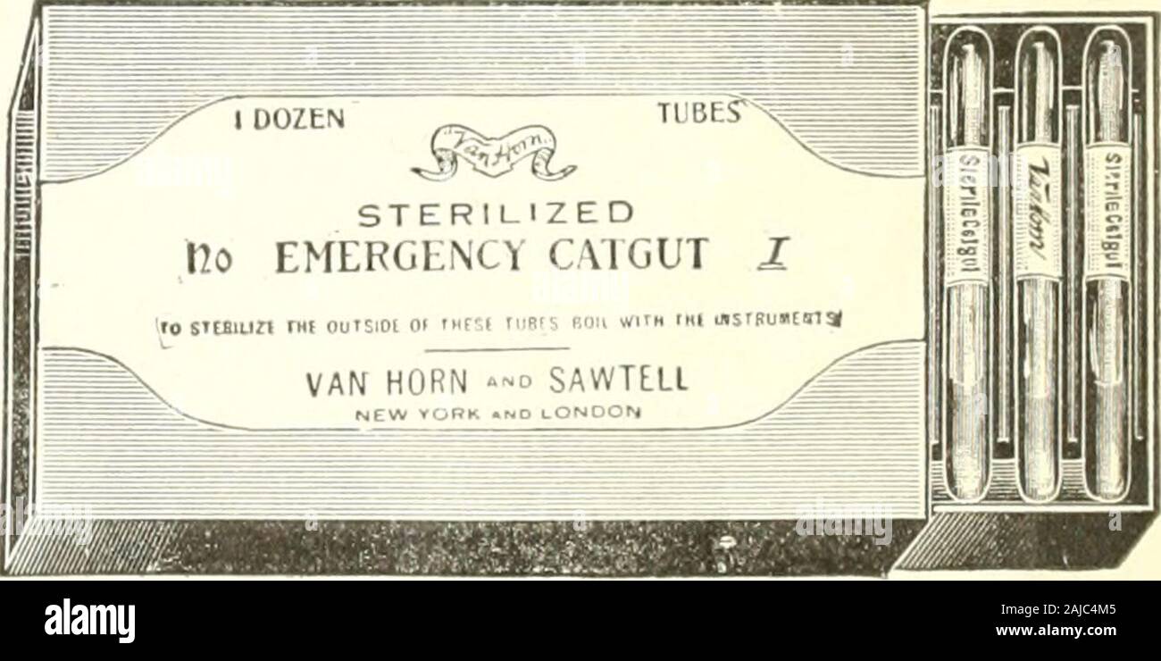 Nashville Journal of Medicine and Surgery . can now be properly sutured uoith-out waste. Use a *J^^/vmu Emergency Tube containing a 20-inch strand of plainor chromicized catgut. Sizes; 00, 0, 1, 2and 3 in the plain, and 00, 0, I and 2in the chromicized Sizes 00 and 0, Three Tubes ina Box. Price, 23 cents per tube;$2.25 per dozen tubes. No samples. For sale by your dealer or sentupon receipt of price. VAN HORN and SAWTELL London, England. New York, U.S. A.15-17 E. 40th Street AND 31-33 High Holborn A Dollar a Dozen At Your Dealer—or Sent Upon Receipt of Price.No Samples VAN HORN and SAWTELL New Stock Photo