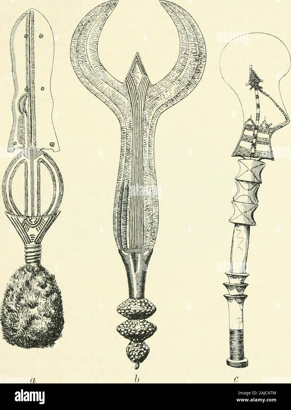 Handbook to the ethnographical collections . Fift, 208.—Types of knives  from tlie Congo Free State. «. MaNyema,Upper Congo, h. Ababvva, Welle  District, c. Makarka, Welle District.d. Momfu, Welle District (womans  knife), c.
